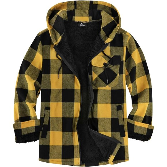Other - Men'sYellow Black Flannel Plaid Jacket Warm Sherpa Lined Fleece Hoodies